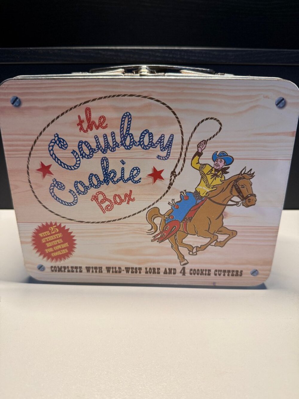 Vintage Cowboy Cookie Tin Box with 4 Cookie Cutters & Recipe Book